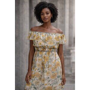 Studio M Floral Silk Dress Off Shoulder Ruffle Midi Yellow Green Size Medium